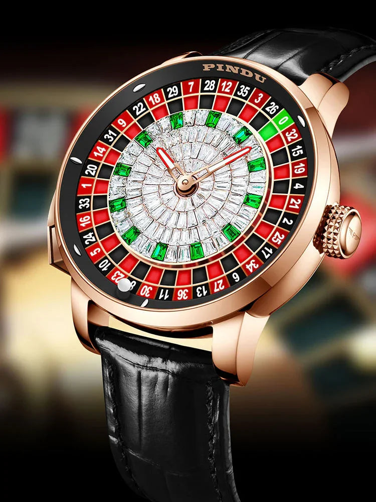 Luxury sport-inspired wristwatch with roulette dial, rose gold case, black leather strap