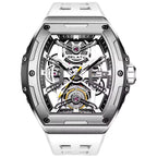 Luxury motorsport-inspired skeleton watch with tonneau case, exposed gears, and white strap