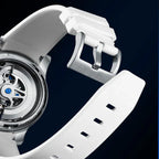 Luxury sports watch with white strap, skeleton automatic movement, motorsport-inspired design