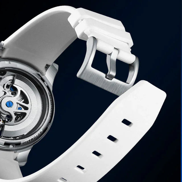 Luxury sports watch with white strap, skeleton automatic movement, motorsport-inspired design