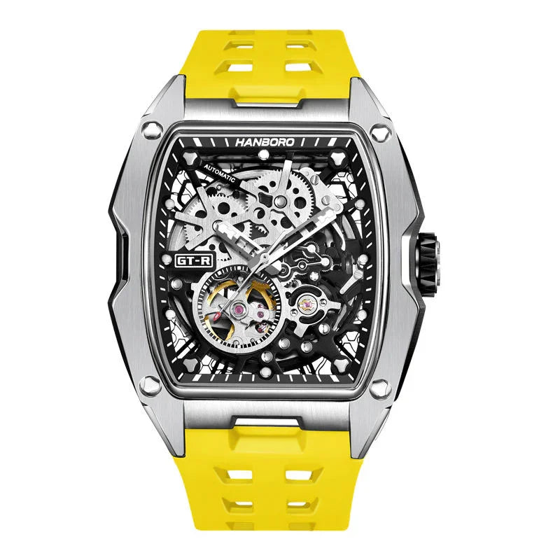 Motorsport-inspired skeleton automatic watch with yellow strap, visible gears, and bold case