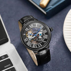 Luxury skeleton watch with Roman numerals, black leather strap, motorsport-inspired design