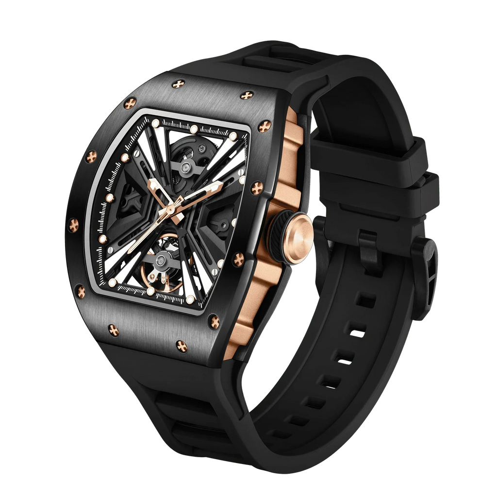 Luxury motorsport-inspired skeleton watch with black and rose gold case, rubber strap, and bold dial