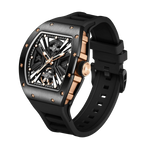 Luxury motorsport-inspired skeleton watch with black and rose gold case, rubber strap, and bold dial