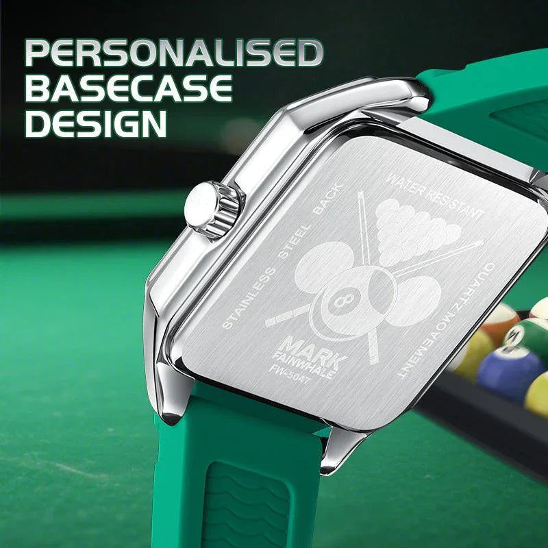Motorsport-inspired watch with custom engraved stainless steel case back and green strap
