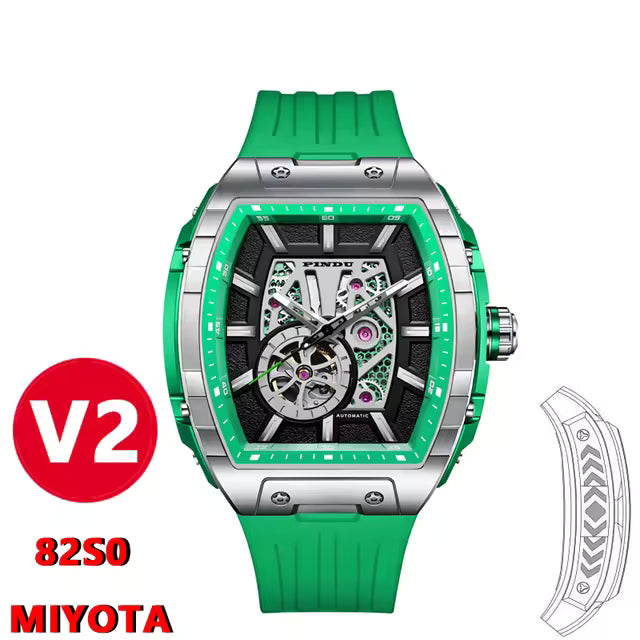Green tonneau-shaped racing-inspired automatic watch with skeleton dial, sporty rubber strap.