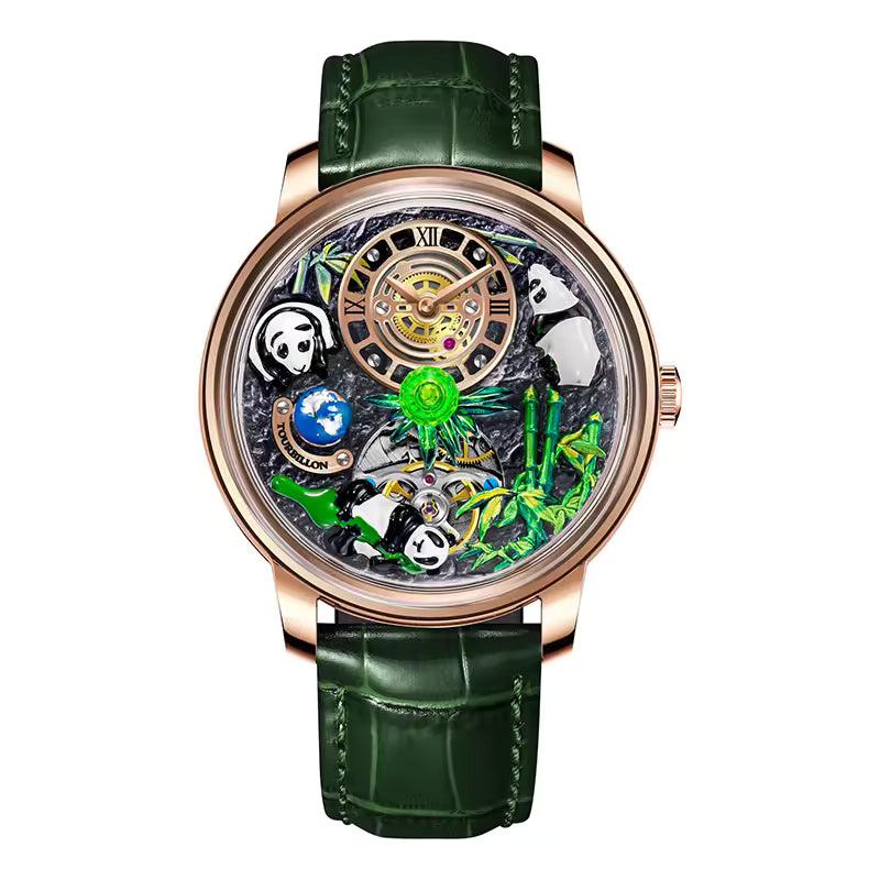 Luxury sport-inspired wristwatch with green leather strap, panda figures, and exposed movement