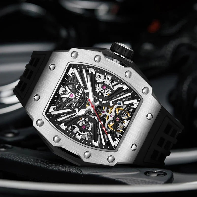 Motorsport-inspired luxury watch with skeleton dial, tonneau case, and racing details