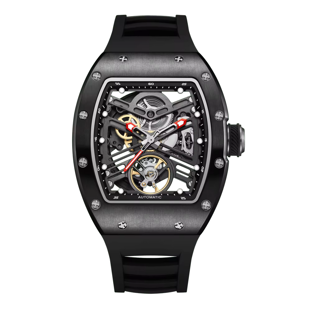 Skeleton dial racing-inspired sport-luxury watch with visible gears, tonneau case, and black rubber strap