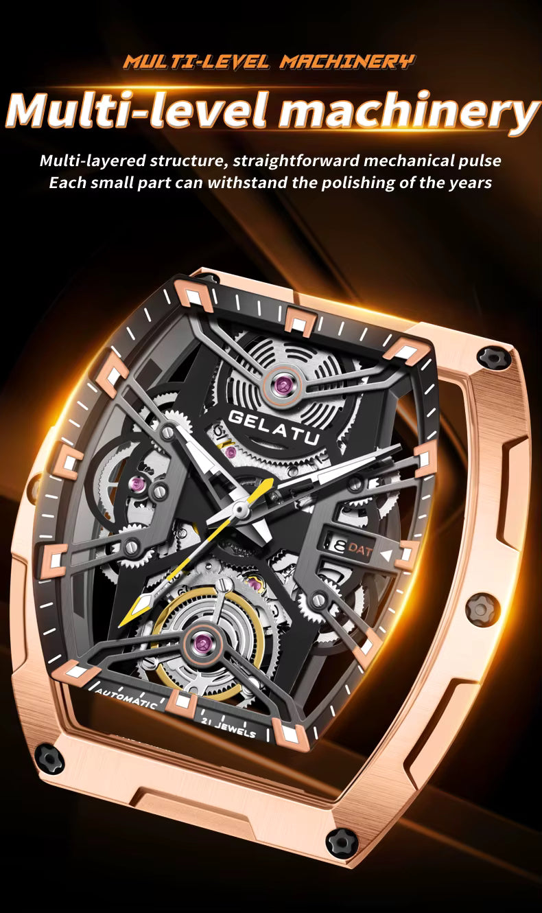 Luxury racing-inspired skeleton watch with rose gold case, multi-layered mechanical dial