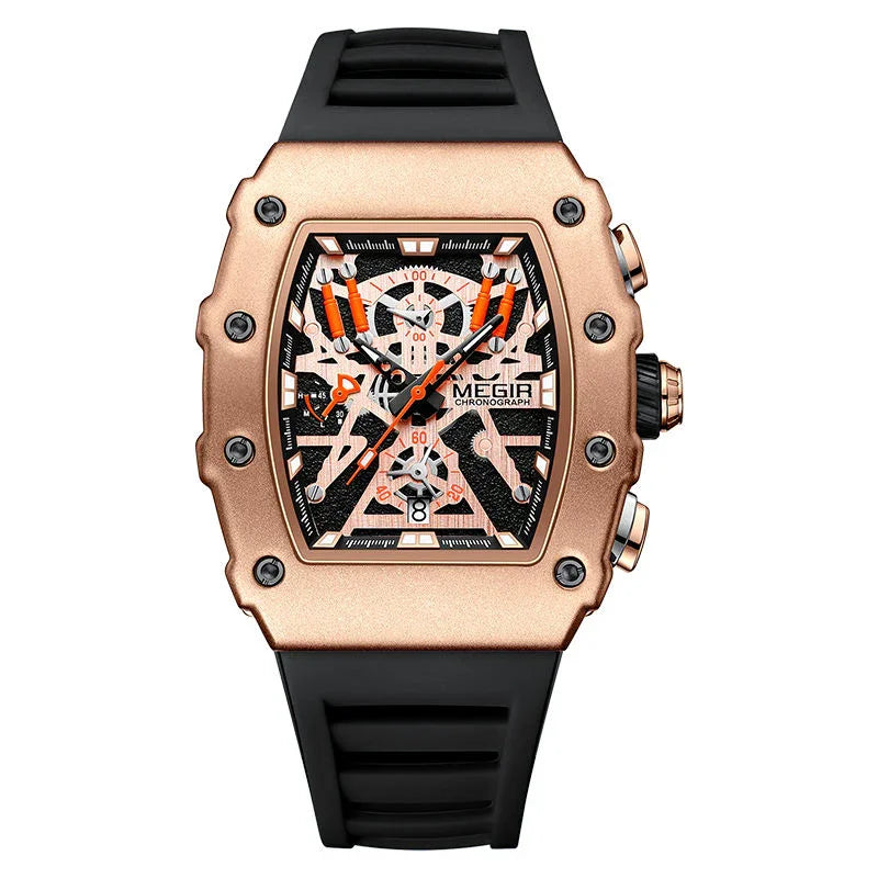Racing-inspired rose gold chronograph watch with bold geometric dial and black rubber strap