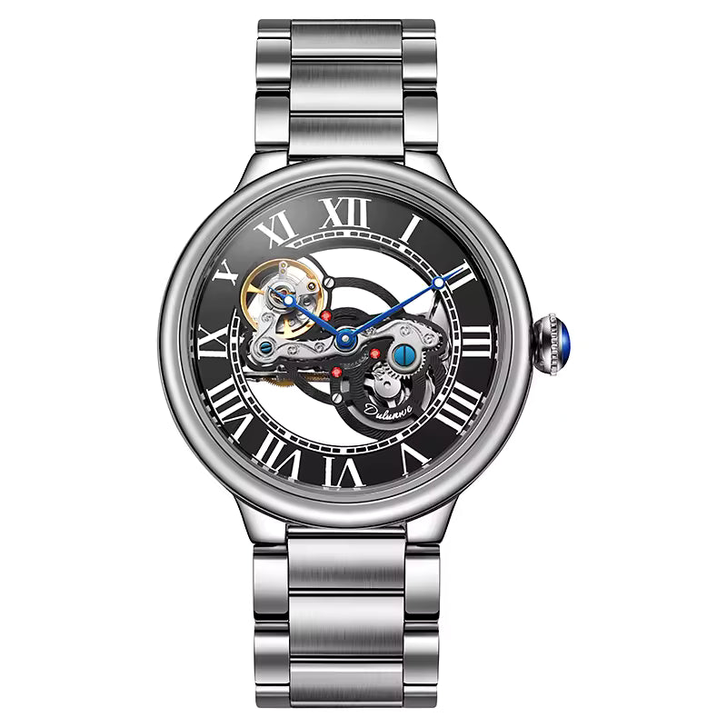 Luxury sport-inspired mechanical watch with skeleton dial, Roman numerals, and silver bracelet