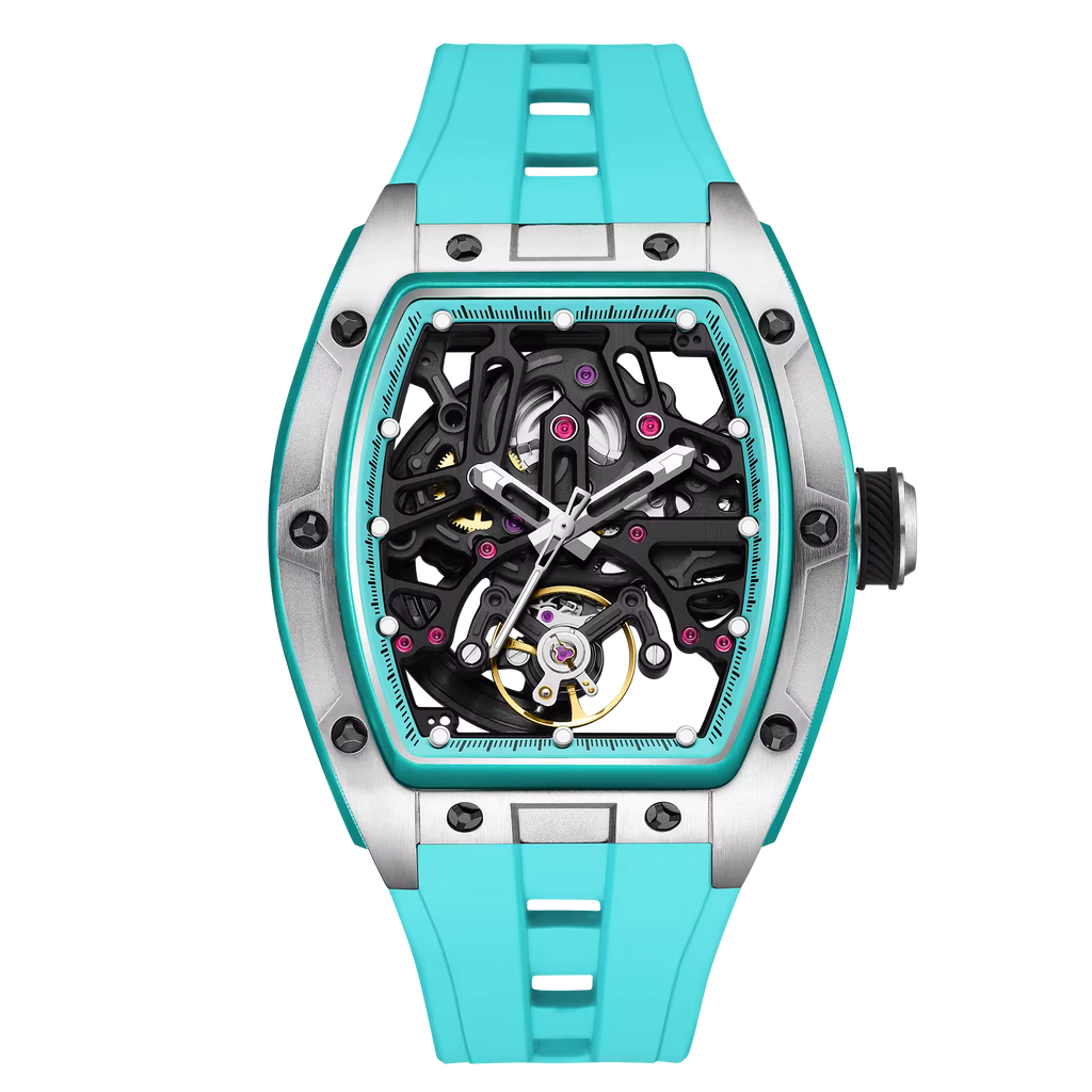 Luxury sport-inspired skeleton watch with turquoise strap, openwork dial, and steel case