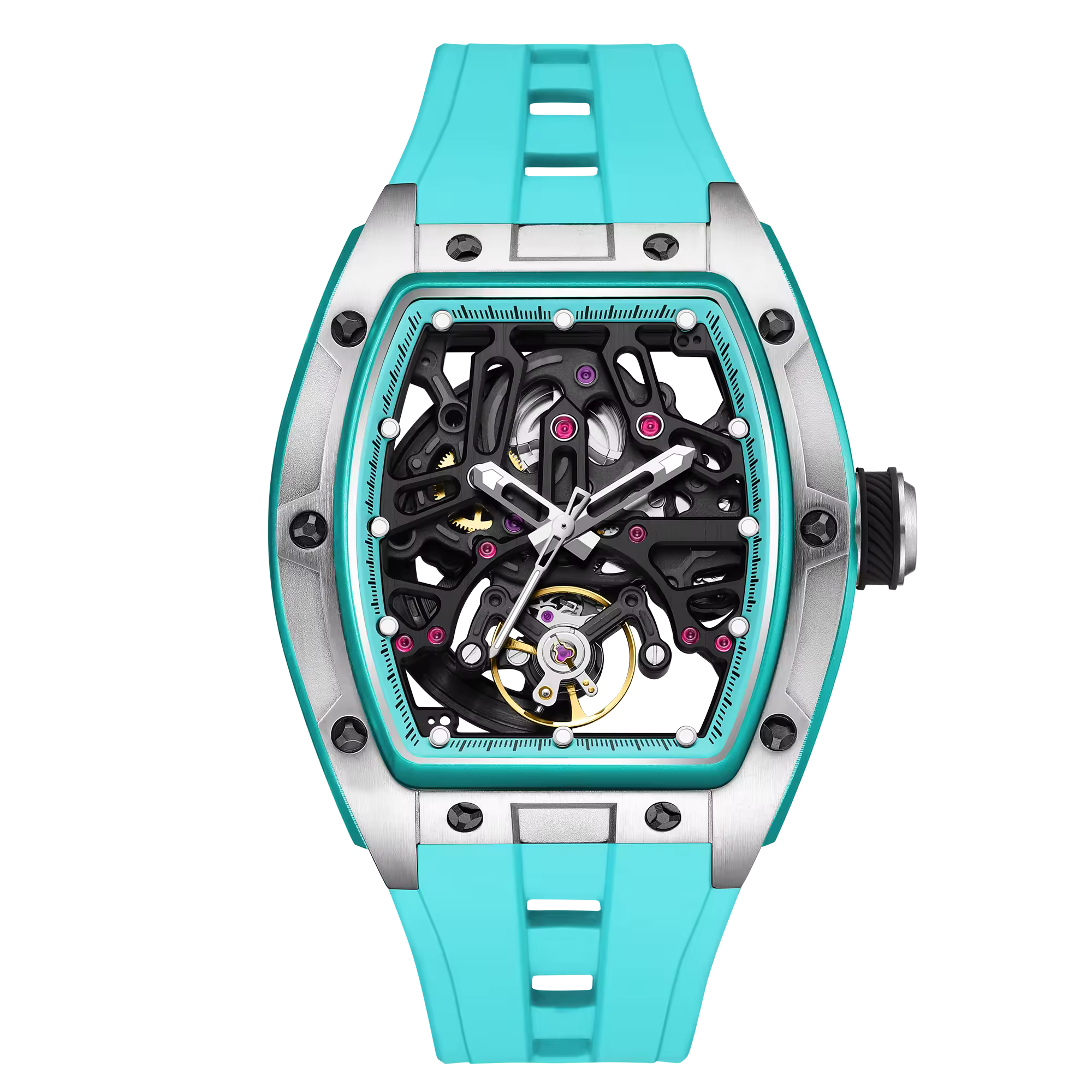 Luxury sport-inspired skeleton watch with turquoise strap, openwork dial, and steel case