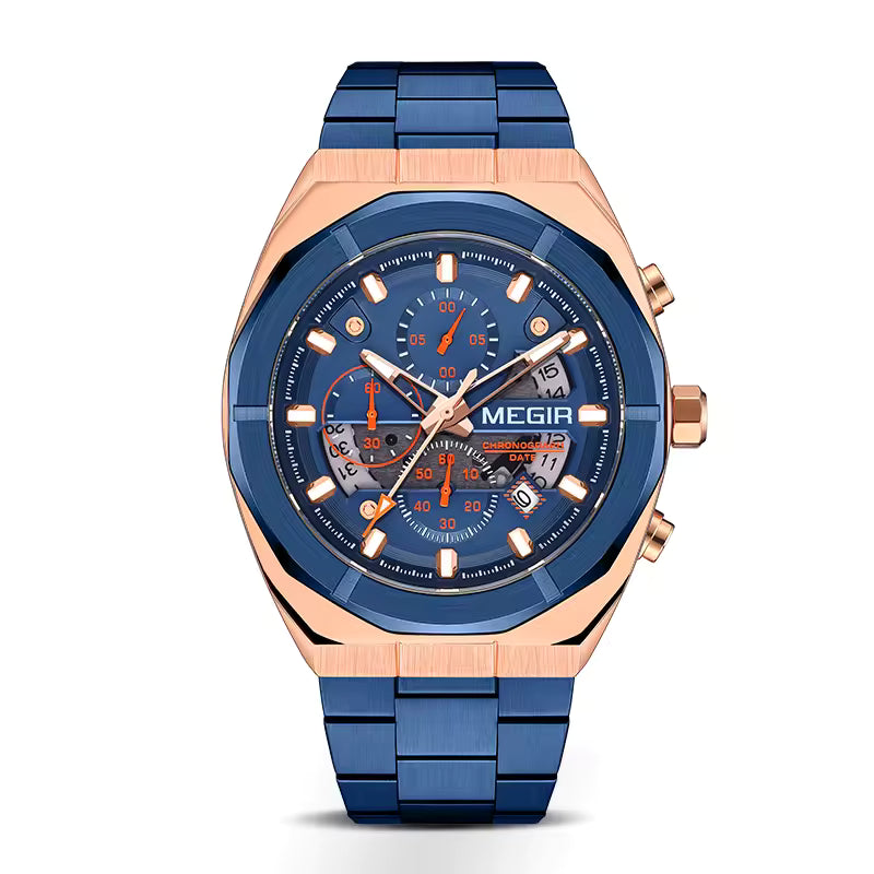 Blue and rose gold chronograph watch with racing-inspired dial and bold luxury sport design