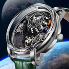 Luxury sport-inspired watch with space-themed dial, bold numerals, astronaut and moon details
