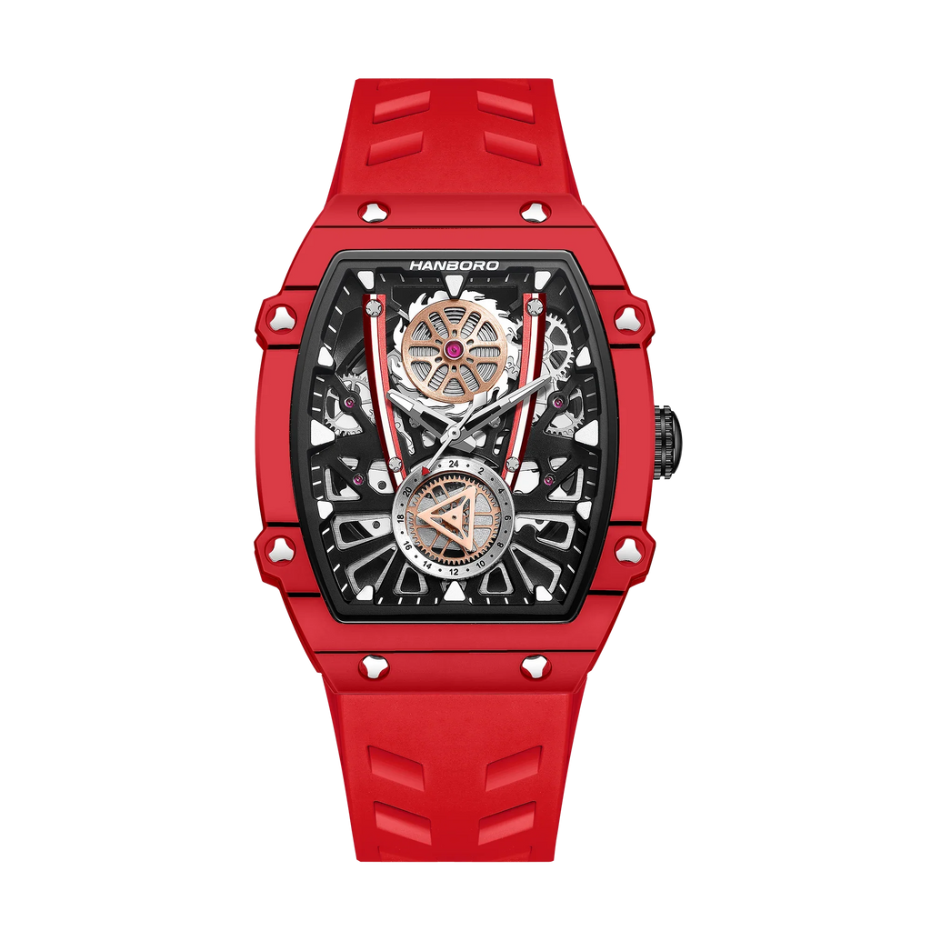 Red racing-inspired sport-luxury watch with skeleton dial, bold case, and premium chronograph design
