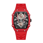 Red racing-inspired sport-luxury watch with skeleton dial, bold case, and premium chronograph design