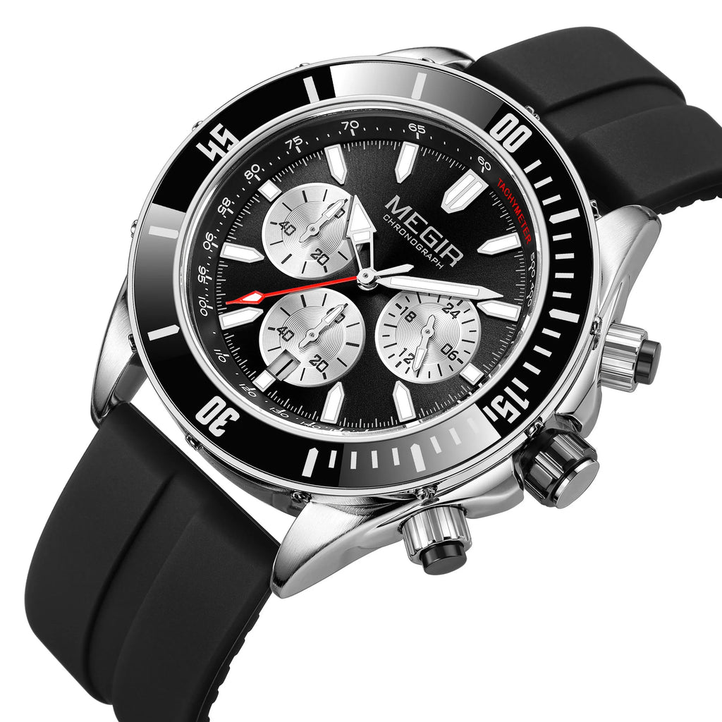 Racing-inspired chronograph watch with black bezel, luminous markers, and rubber strap