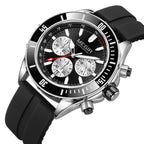 Racing-inspired chronograph watch with black bezel, luminous markers, and rubber strap