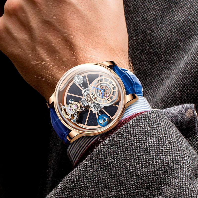 Luxury motorsport-inspired skeleton watch with blue strap, rose gold case, openwork dial
