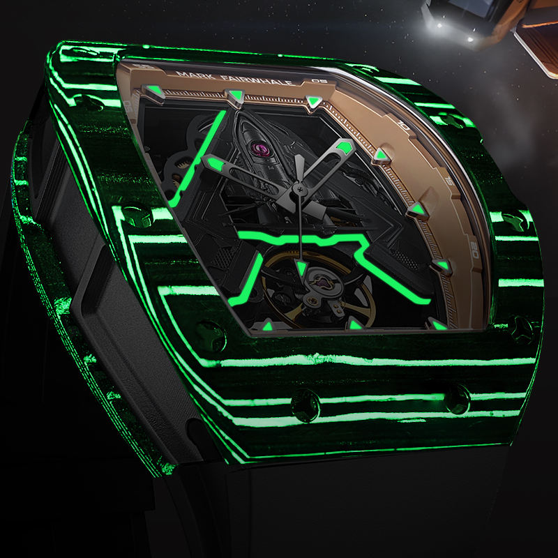 Luxury sport-inspired watch with luminous green accents, angular case, and openwork dial