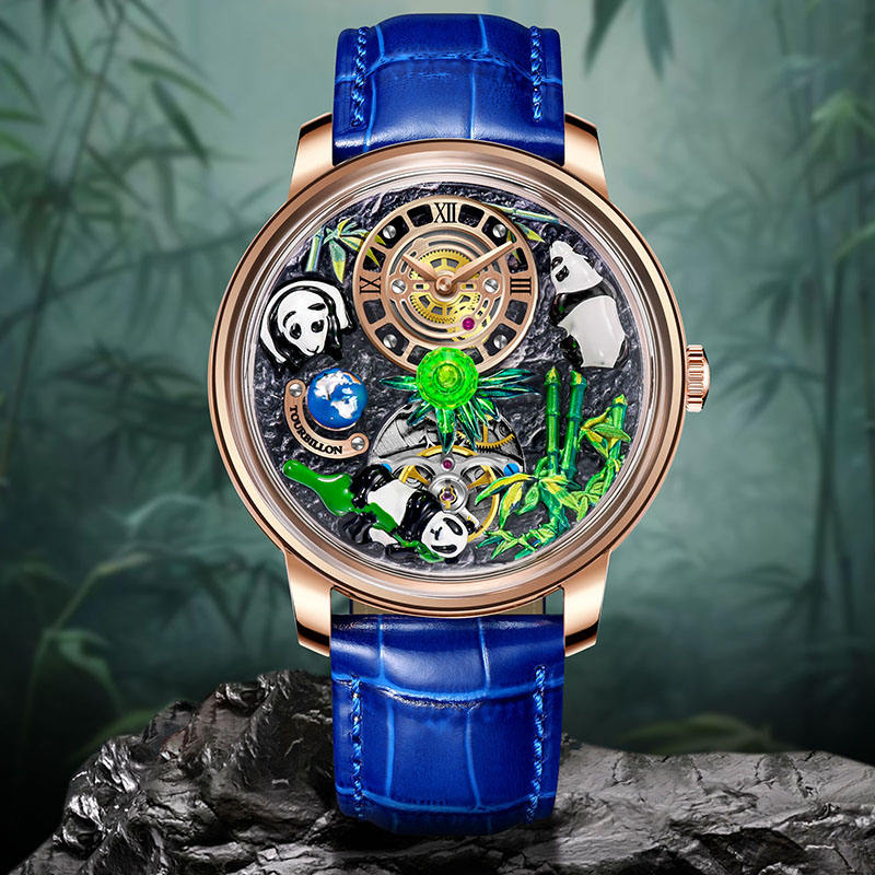 Luxury sport-inspired watch with blue leather strap, panda figures, and bamboo-themed dial.