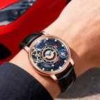 Luxury motorsport-inspired watch with galaxy dial, rose gold case, black leather strap
