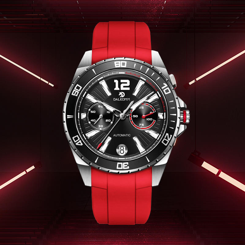 Bold racing-inspired automatic watch with red silicone strap and black chronograph dial