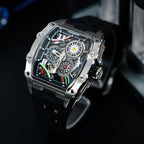 Motorsport-inspired luxury watch with bold skeleton dial, colorful accents, and robust case