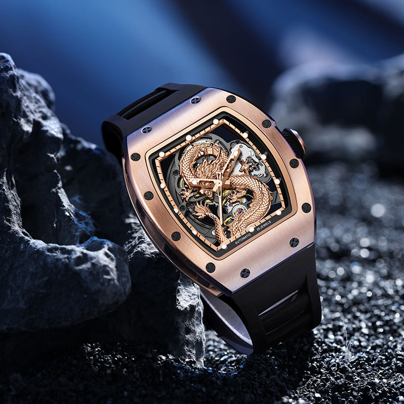Luxury tonneau-shaped watch with gold dragon design, openwork dial, and racing-inspired style