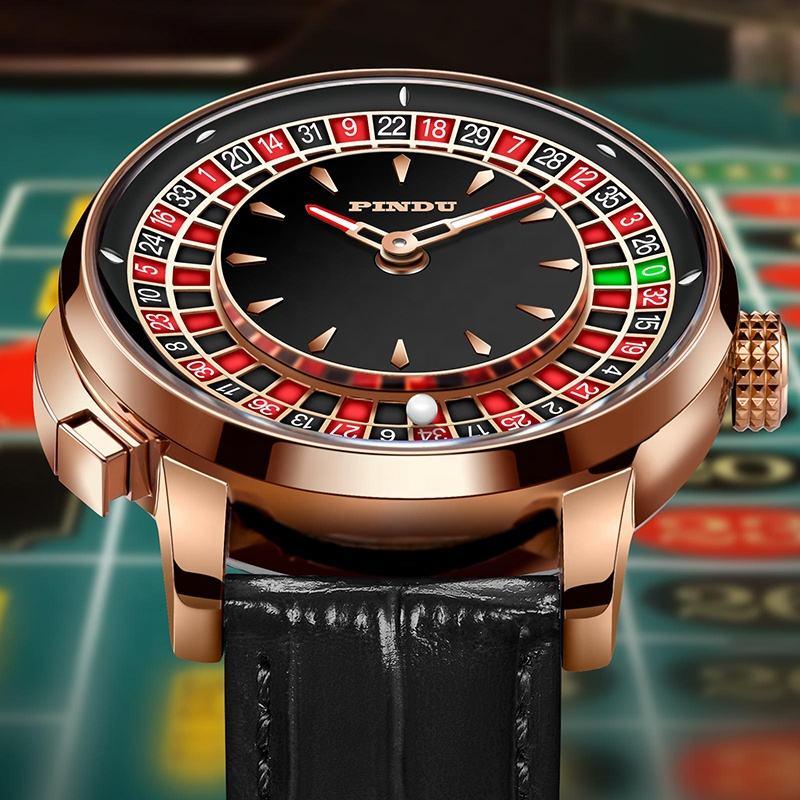 Luxury watch with roulette-inspired dial, rose gold case, and black leather strap, sport-luxury design