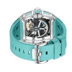 Luxury motorsport-inspired skeleton watch with turquoise rubber strap and visible movement