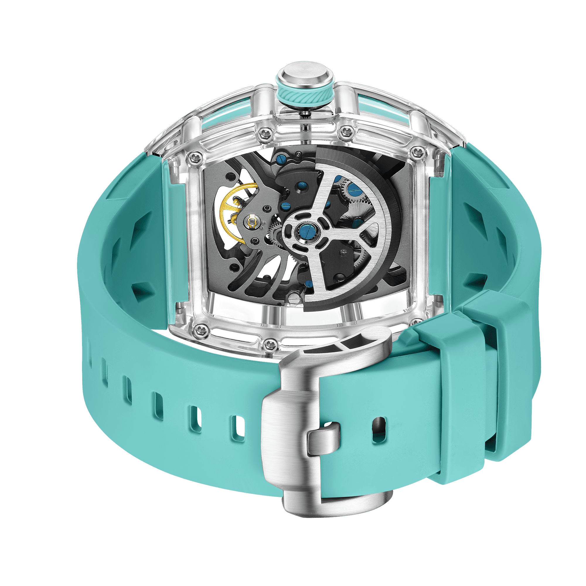 Luxury motorsport-inspired skeleton watch with turquoise rubber strap and visible movement
