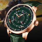 Luxury motorsport-inspired green watch with gold case, racehorse figures on dial, leather strap