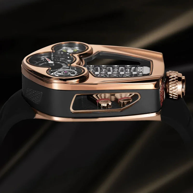 Luxury motorsport-inspired watch with rose gold case, skeleton dial, and sporty black strap