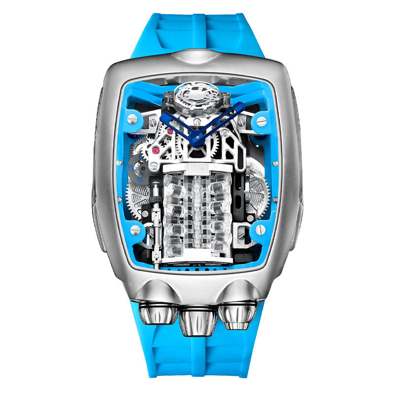 Luxury skeleton racing-inspired watch with blue strap, visible gears, bold sport design