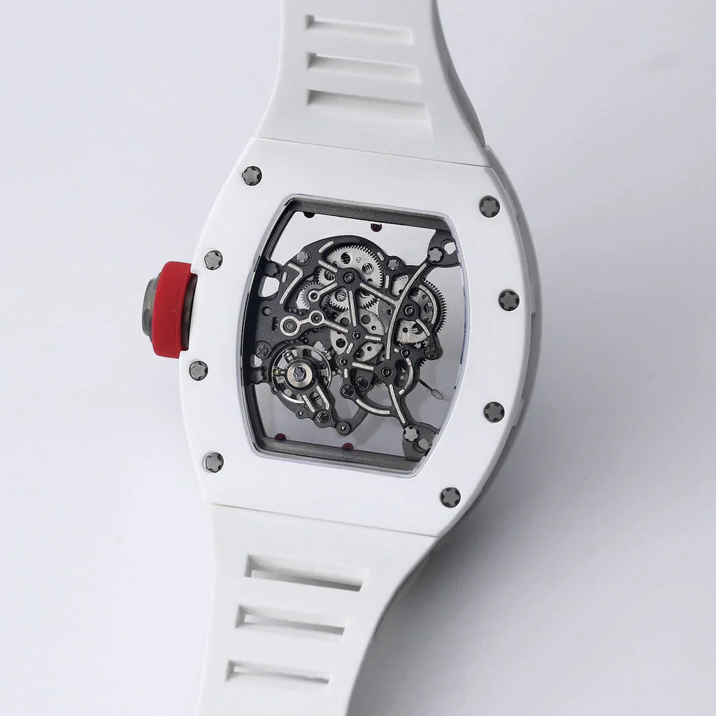 White motorsport-inspired skeleton watch with exposed mechanical movement and red crown