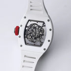 White motorsport-inspired skeleton watch with exposed mechanical movement and red crown