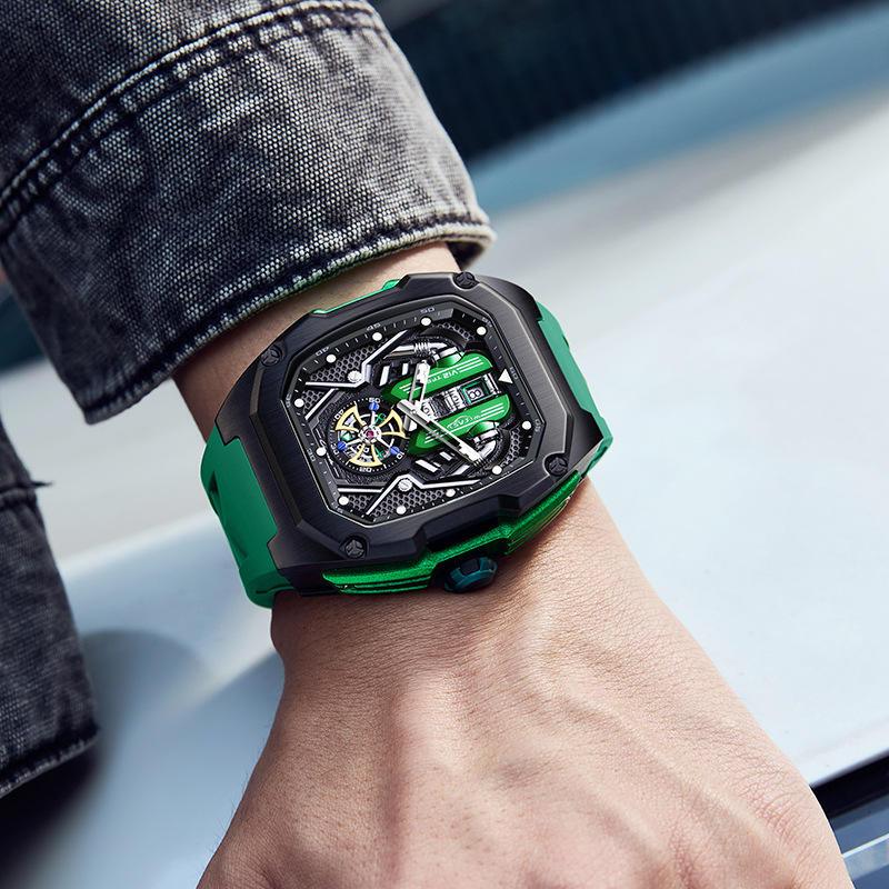 Motorsport-inspired luxury watch with green strap, bold skeleton dial, on wrist outdoors