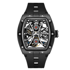Luxury skeleton sport watch with tonneau case, exposed mechanics, and black rubber strap