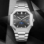 Stainless steel octagonal watch with black dial, blue subdial, day-date display, and racing-inspired design