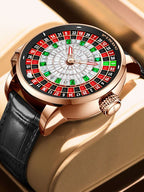 Luxury sport watch with rose gold case, roulette-inspired dial, green and red accents, black leather strap