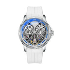 Skeleton automatic watch with white strap, blue accents, openwork gears, motorsport-inspired style
