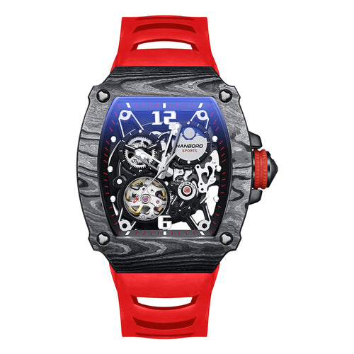 Luxury skeleton watch with carbon fiber case, red strap, and automatic movement.