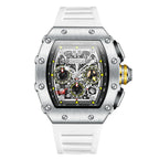 Motorsport-inspired luxury chronograph watch with skeleton dial, white strap, and bold case