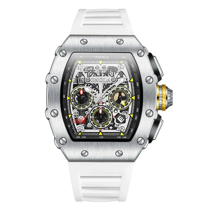 Motorsport-inspired luxury chronograph watch with skeleton dial, white strap, and bold case