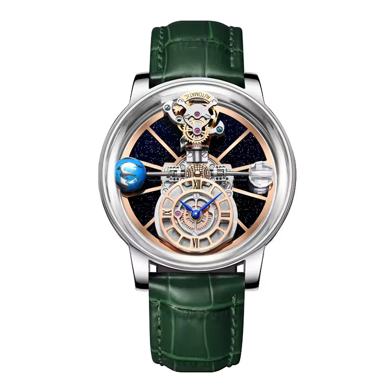 Luxury sport-inspired watch with celestial dial, open mechanics, green leather strap