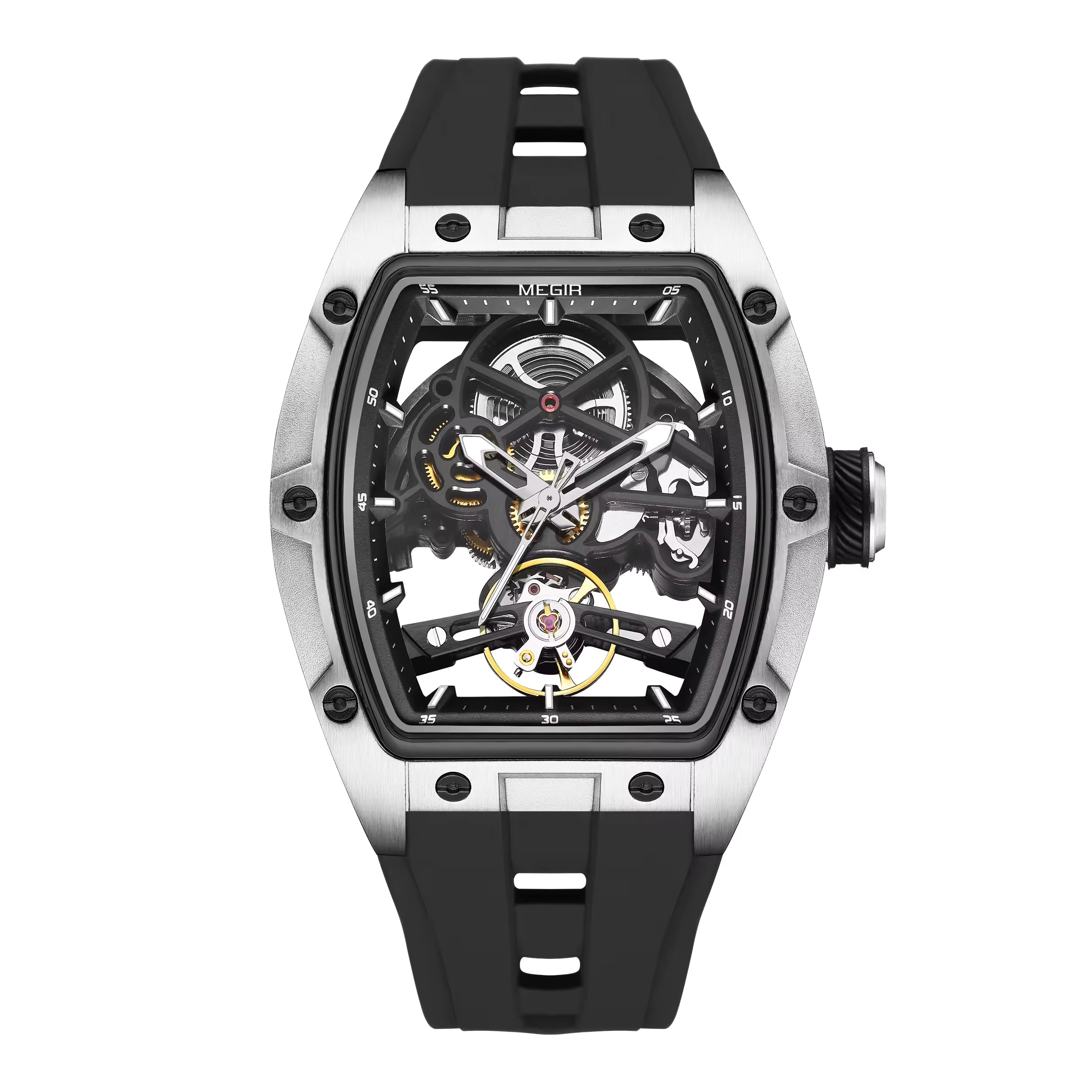 Skeleton dial racing-inspired sport-luxury watch with tonneau case and black rubber strap