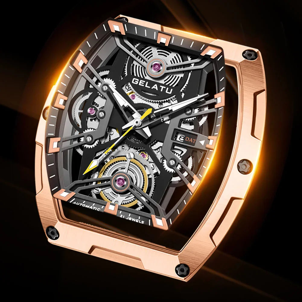 Luxury skeleton watch with rose gold tonneau case, open gears, motorsport-inspired design